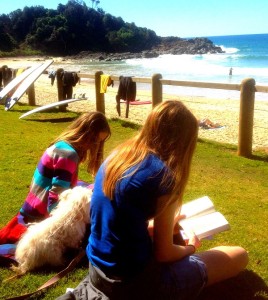 Reading on the beach.