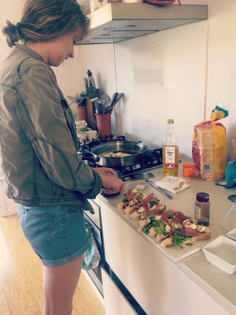 Making open sandwiches.